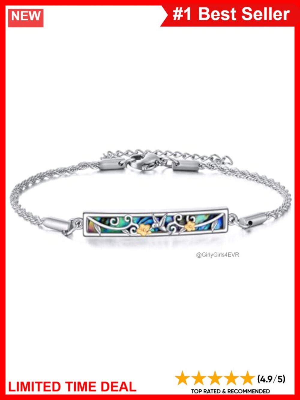 Sterling Silver Hummingbird Abalone Shell Bar Pendant Bracelet Gift for Women